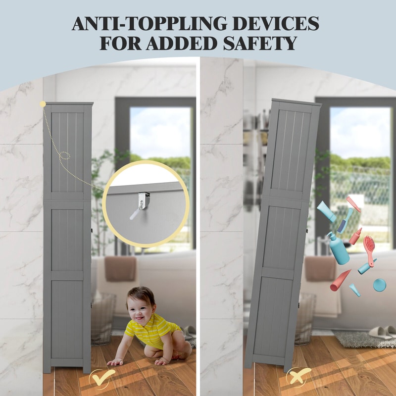 4Door Freestanding Bathroom Floor Storage Cabinet With 2 Drawers Glass Doors Adjustable Shelves Mo 4