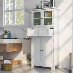 6-tier freestanding bathroom cabinet with 2 open compartments & adjustable shelves, tall storage organizer