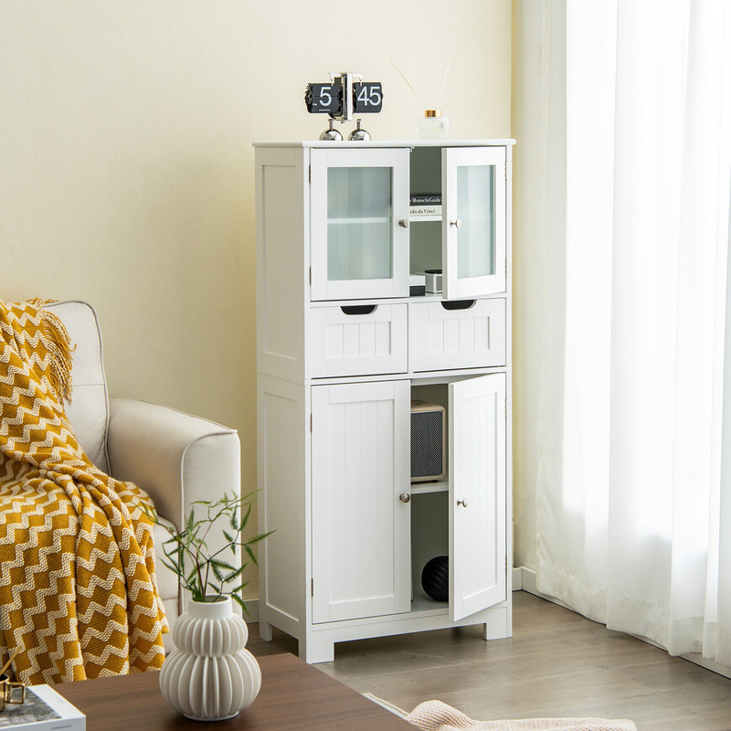 6Tier Freestanding Bathroom Cabinet With 2 Open Compartments  Adjustable Shelves Tall Storage Organ 1