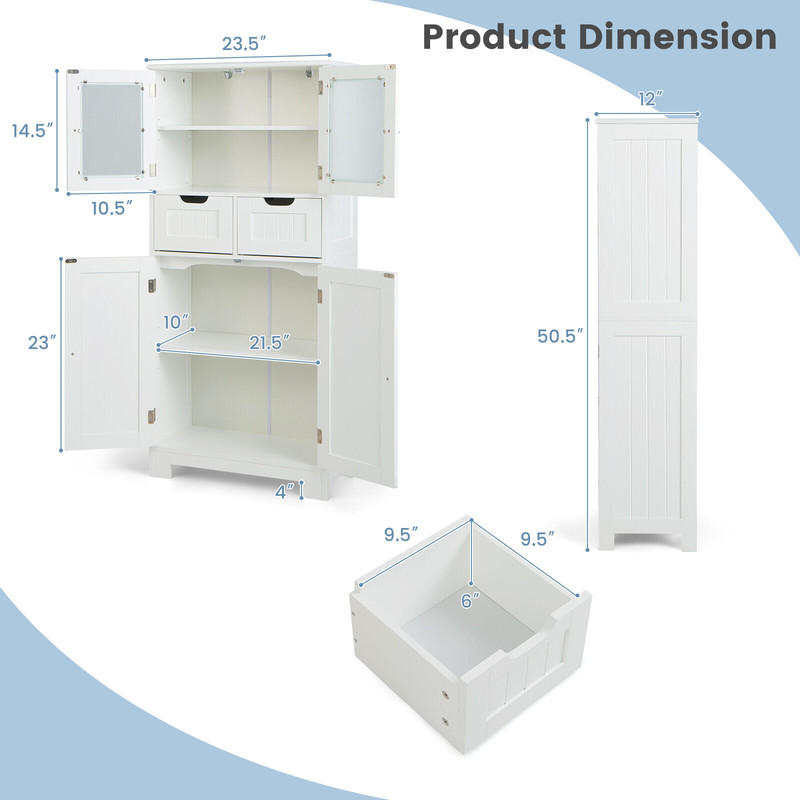 6Tier Freestanding Bathroom Cabinet With 2 Open Compartments  Adjustable Shelves Tall Storage Organ 6