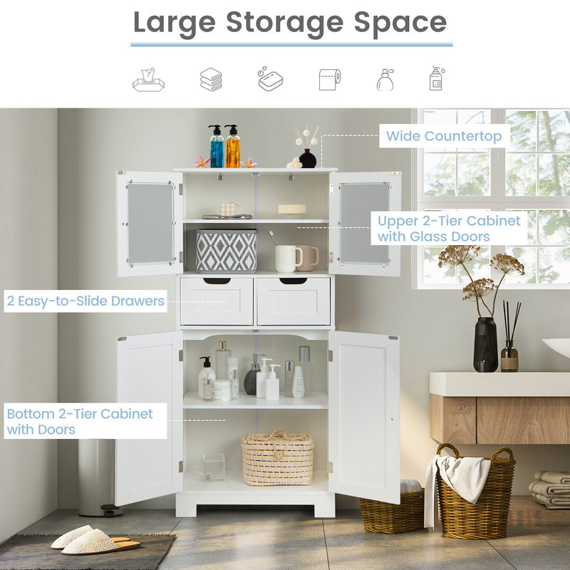 6Tier Freestanding Bathroom Cabinet With 2 Open Compartments  Adjustable Shelves Tall Storage Organ 2