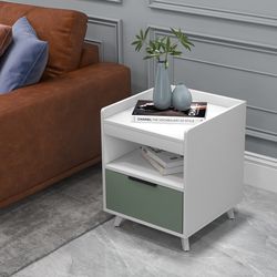 led nightstand with sliding drawer & open shelf, modern bedside table with remote-controlled lighting & storage
