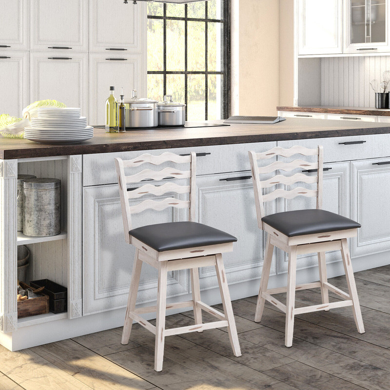 Rubber Wood Bar Stools With 360 Swivel Ergonomic PVC Leather Seats With Backrest Footrest Support 0