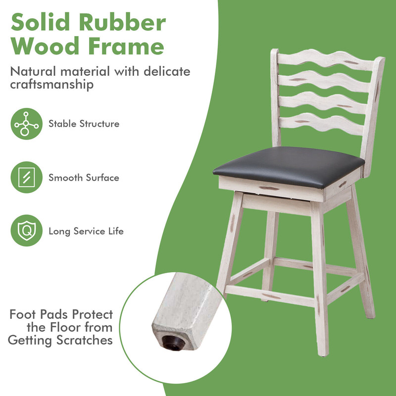 Rubber Wood Bar Stools With 360 Swivel Ergonomic PVC Leather Seats With Backrest Footrest Support 3