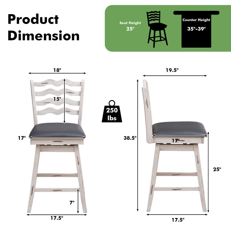 Rubber Wood Bar Stools With 360 Swivel Ergonomic PVC Leather Seats With Backrest Footrest Support 5