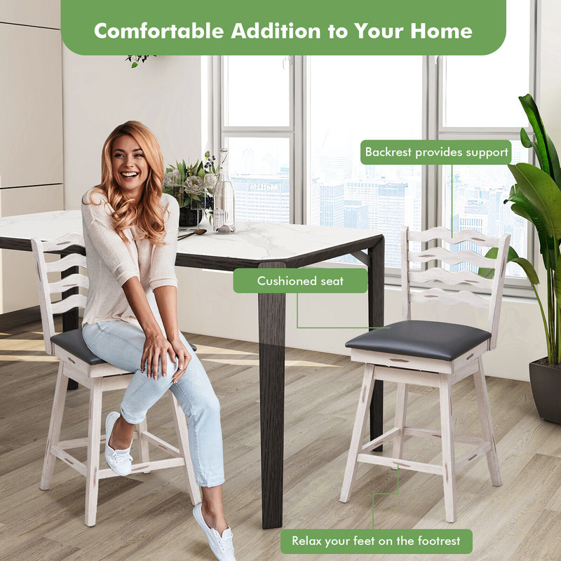 Rubber Wood Bar Stools With 360 Swivel Ergonomic PVC Leather Seats With Backrest Footrest Support 2