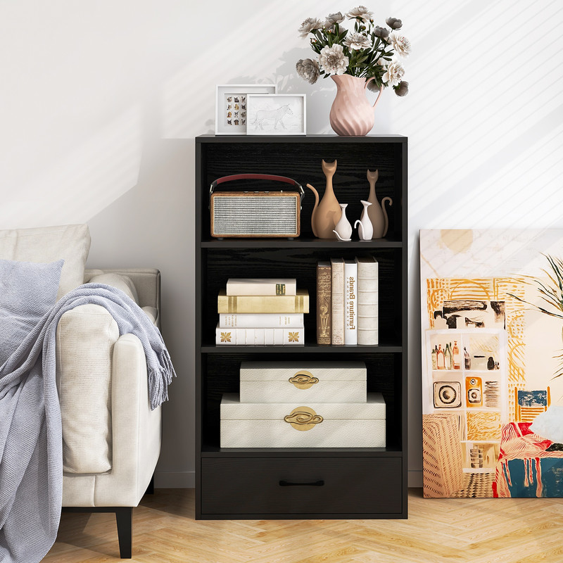 Modern 4Tier Bookcase With Drawer Open Shelf Storage Unit With AntiTip Design For Home  Office 5