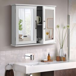 bathroom mirror storage cabinet, 2-tier wall-mounted design with handles & adjustable shelves