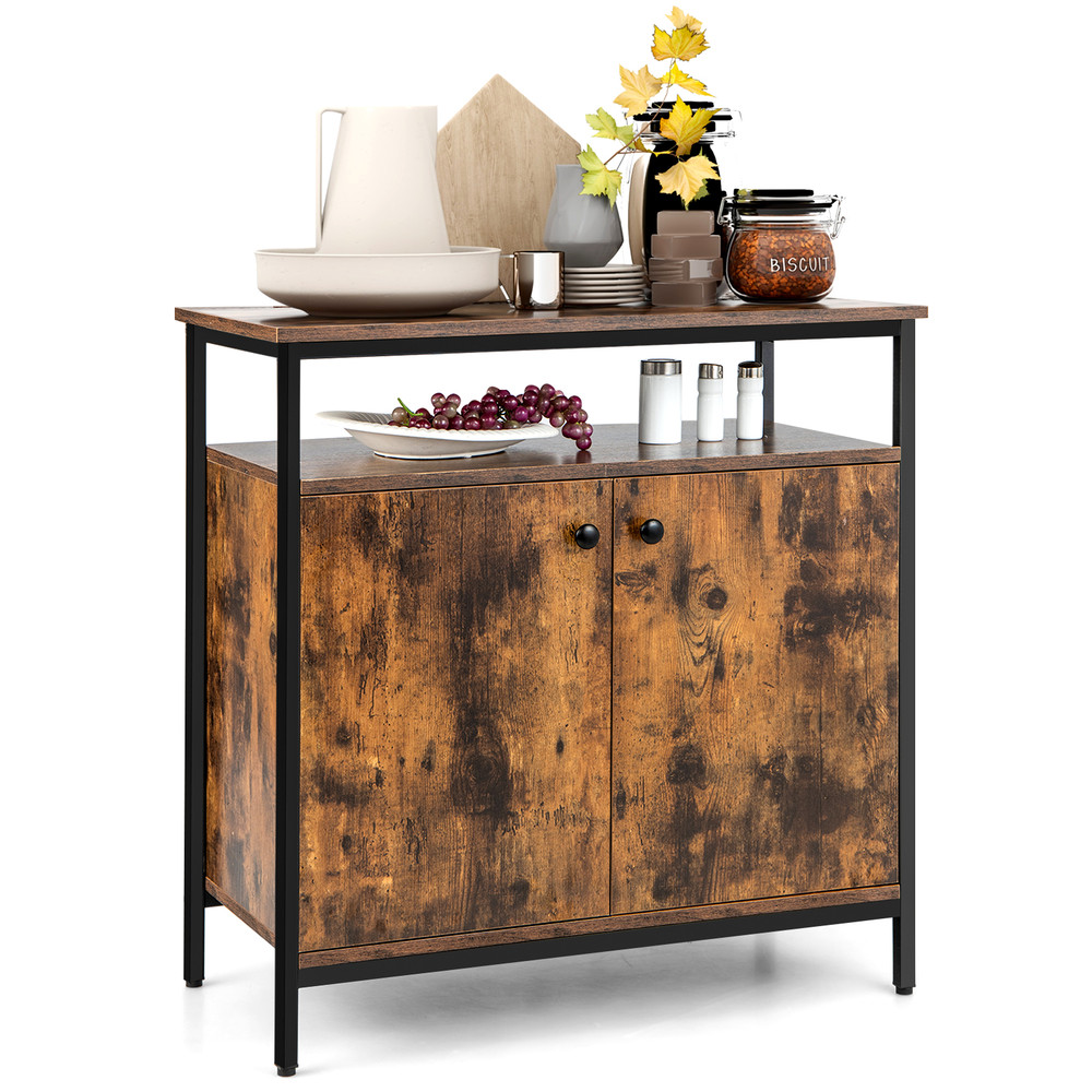 Rustic Brown 2 Door Buffet Cabinet with Shelves & Cable Management Holes Multi Functional Storage
