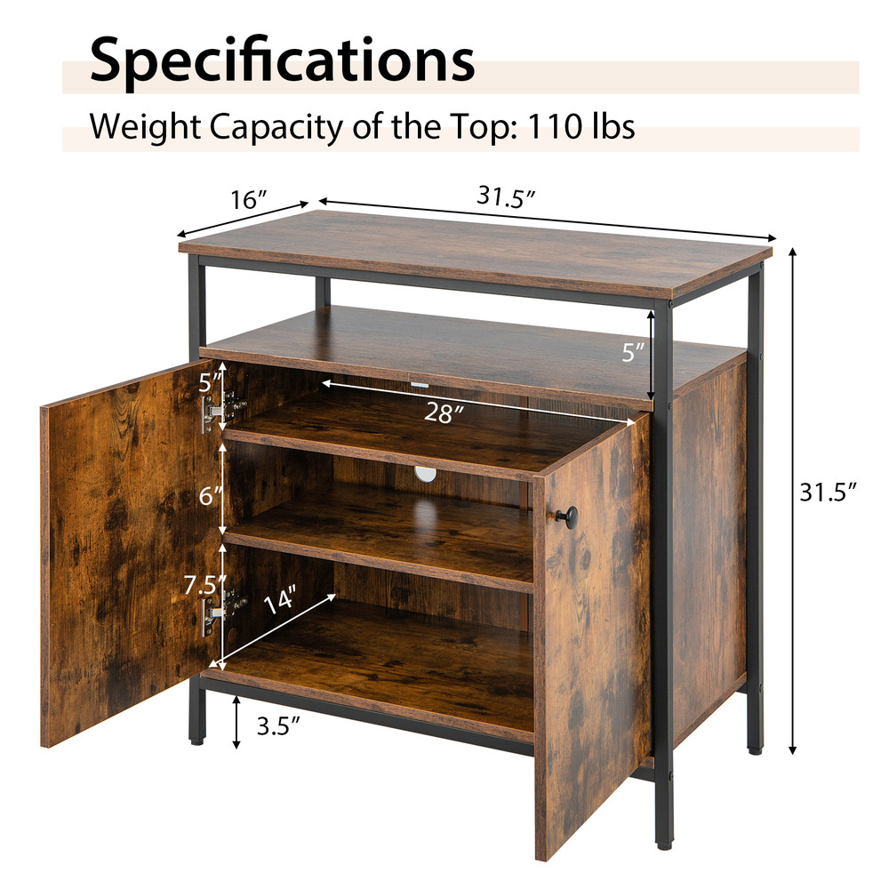 Rustic Brown 2 Door Buffet Cabinet with Shelves & Cable Management Holes Multi Functional Storage