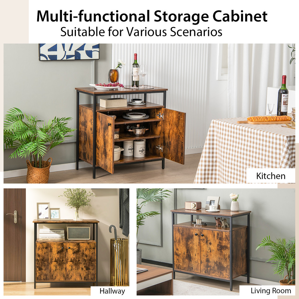 Rustic Brown 2 Door Buffet Cabinet with Shelves & Cable Management Holes Multi Functional Storage