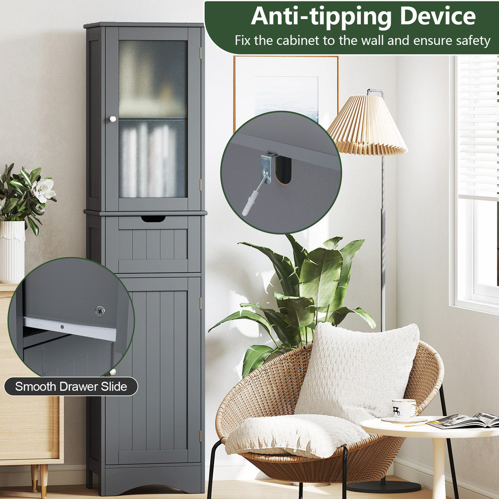 Tall Floor Storage Cabinet with 2 Doors and 1 Drawer for Bathroom Space Saving & Adjustable Shelves