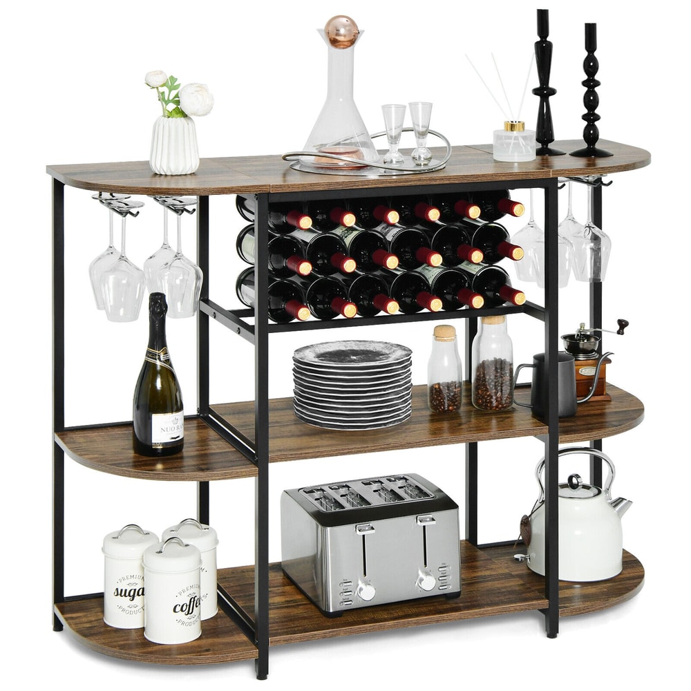 47 Inches Wine Rack Table with Glass Holder and Storage Shelves Industrial Modern Style for 18 Bottles