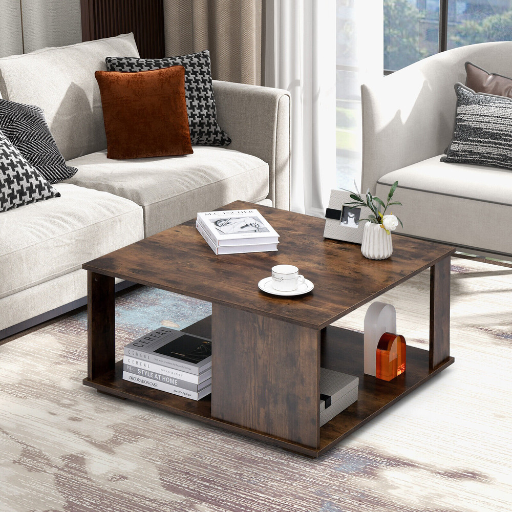 2-Tier Square Coffee Table with Storage, Sturdy, Scratch-Resistant & Non-Slip Foot Pads