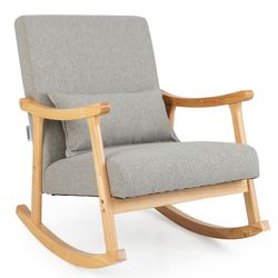 modern upholstered rocking chair with pillow & rubber wood frame, soft padded accent chair for home relaxation