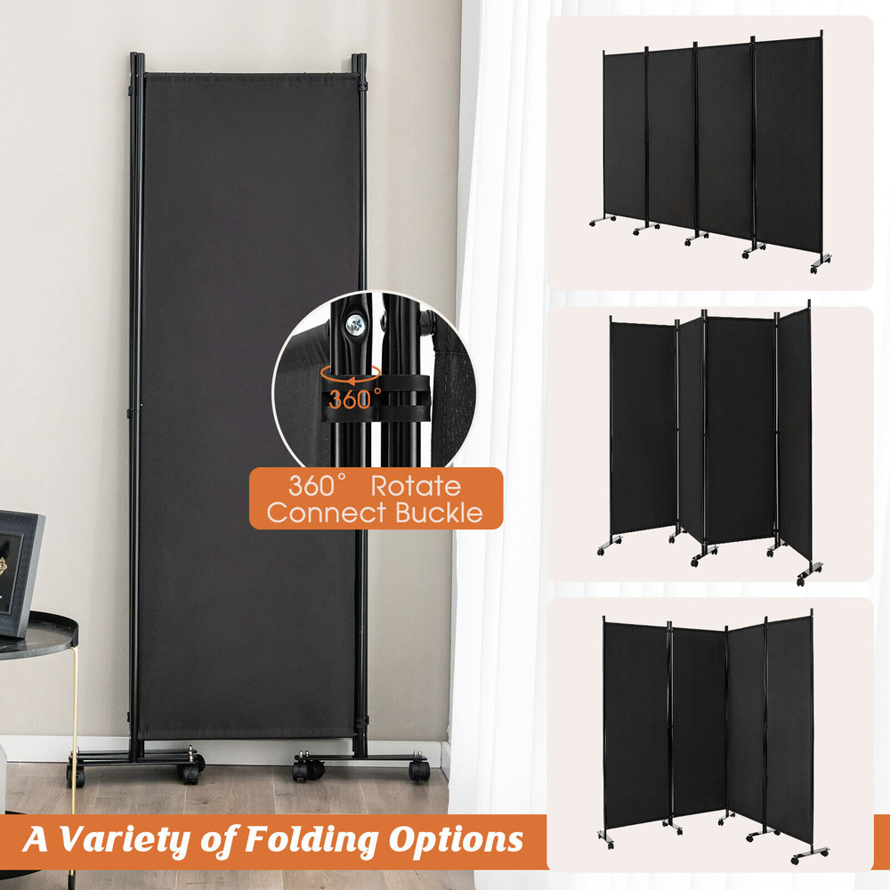4-Panel Folding Room Divider Privacy Screen with Lockable Wheels – 6ft Portable Partition for Home & Office