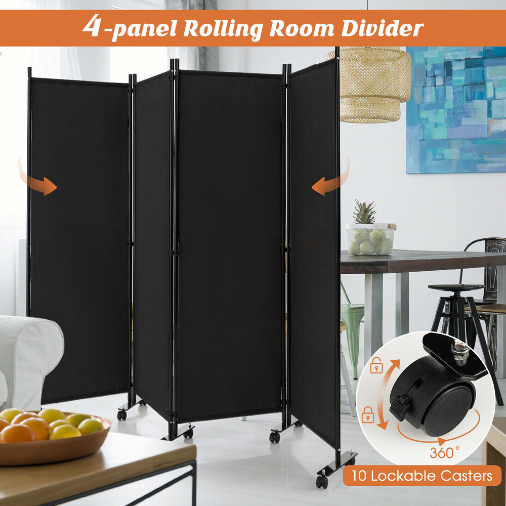 4-Panel Folding Room Divider Privacy Screen with Lockable Wheels – 6ft Portable Partition for Home & Office