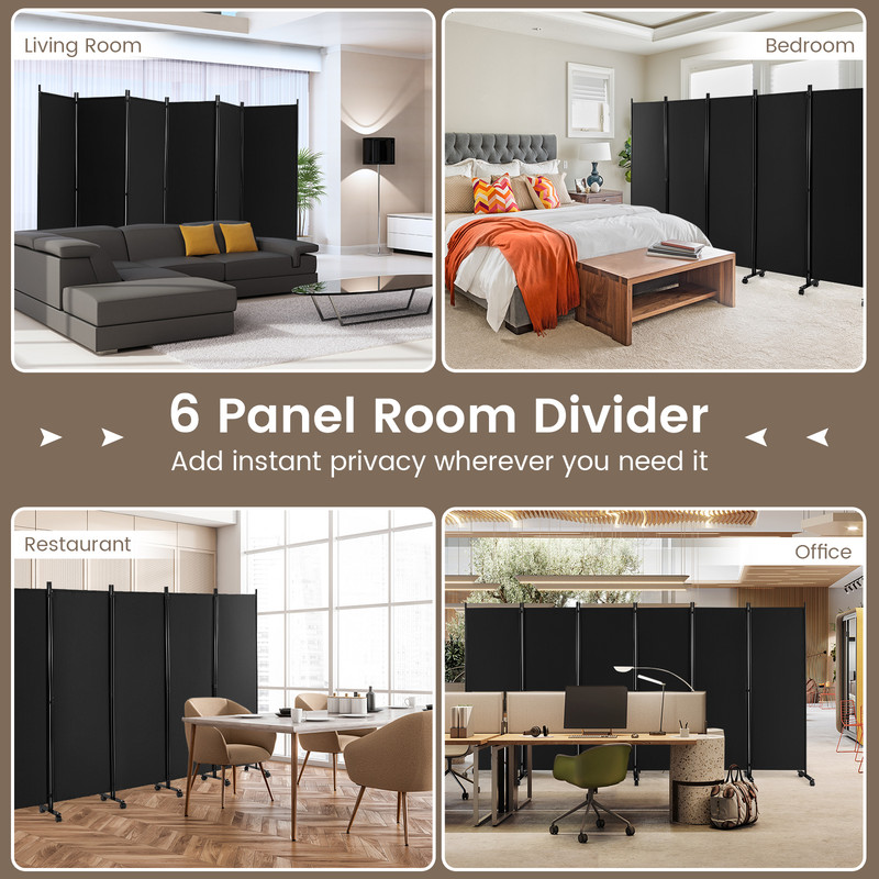 6 Panel 5.7 Ft Tall Rolling Room Divider on Wheels – Adjustable Freestanding Partition for Home & Office