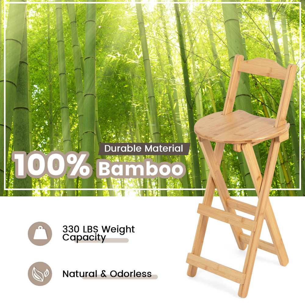 24 Inch Set of 2 Bamboo Folding Barstools with Footrests & Handles – Space-Saving, Ergonomic Bar Chairs