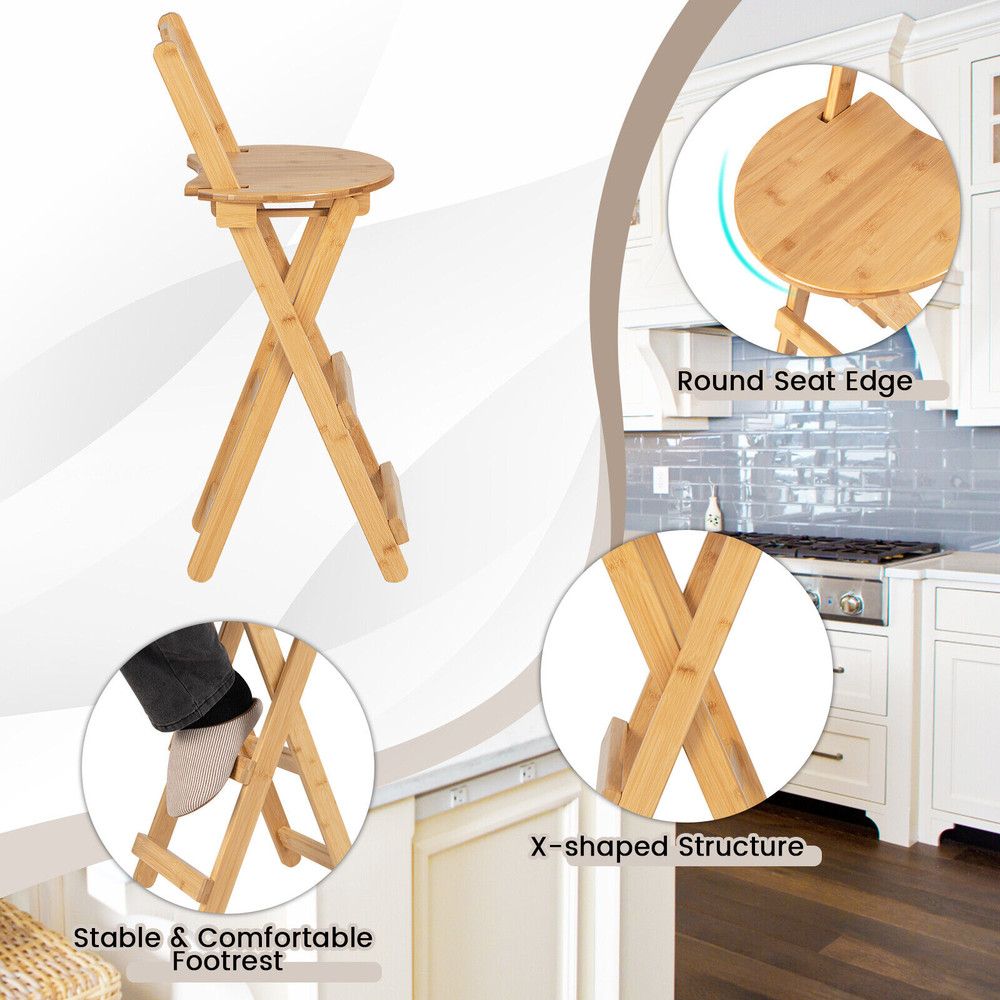 24 Inch Set of 2 Bamboo Folding Barstools with Footrests & Handles – Space-Saving, Ergonomic Bar Chairs