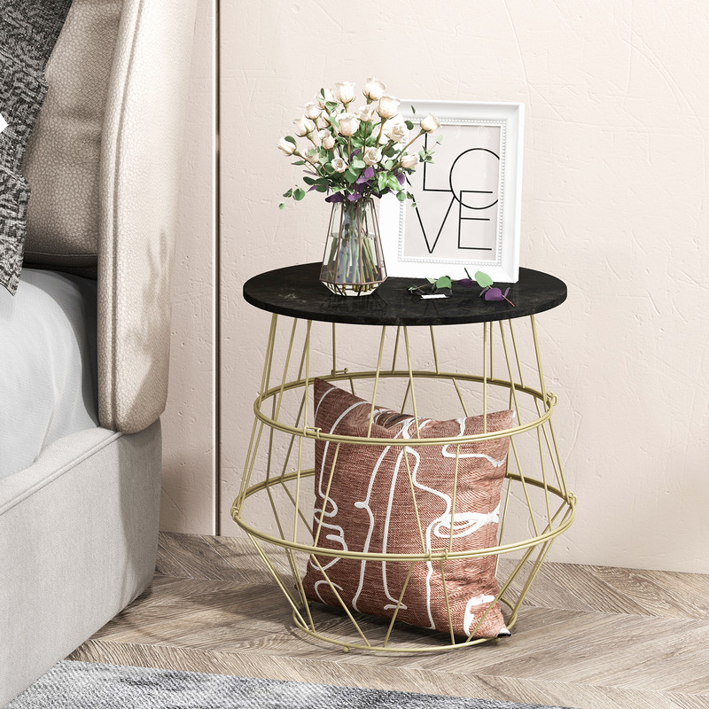 Round Metal Frame Side Table with Removable Top – Stylish Faux Marble Coffee Table with Storage
