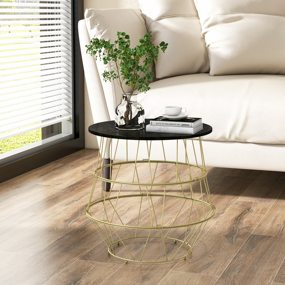 Round Metal Frame Side Table with Removable Top – Stylish Faux Marble Coffee Table with Storage
