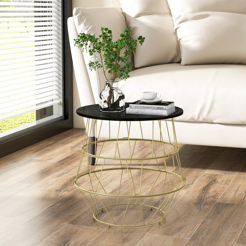 Round Metal Frame Side Table with Removable Top – Stylish Faux Marble Coffee Table with Storage