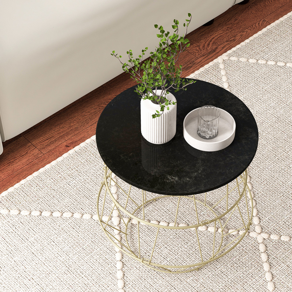 Round Metal Frame Side Table with Removable Top – Stylish Faux Marble Coffee Table with Storage