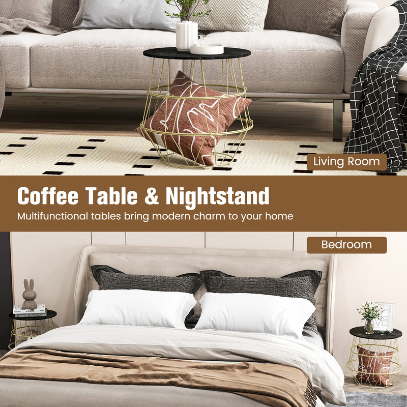 Round Metal Frame Side Table with Removable Top – Stylish Faux Marble Coffee Table with Storage