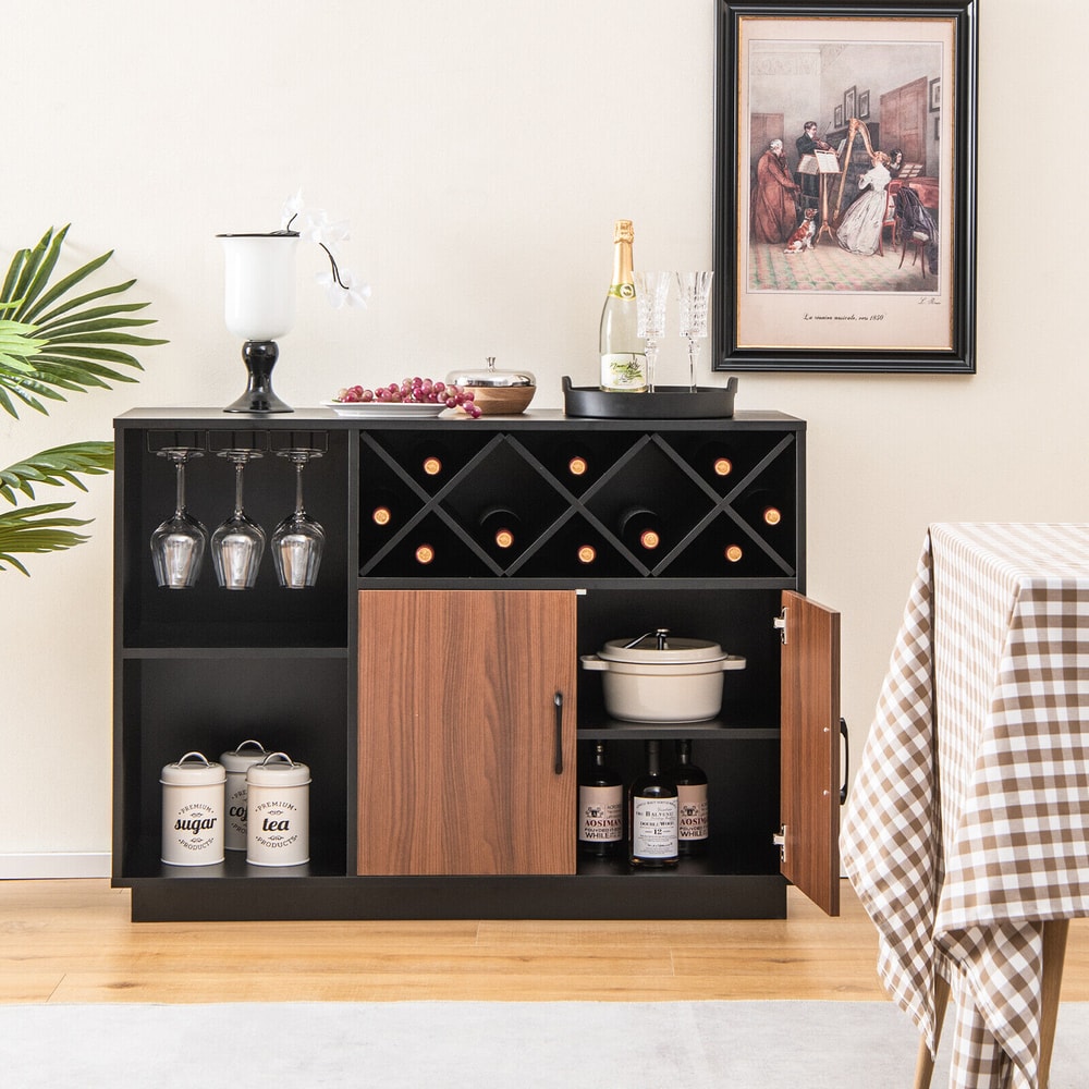 Industrial Sideboard Cabinet with Removable Wine Rack & Glass Holder – Rustic Storage Buffet for Dining Room