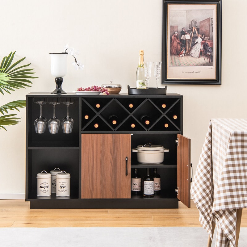 Industrial Sideboard Cabinet with Removable Wine Rack & Glass Holder – Rustic Storage Buffet for Dining Room