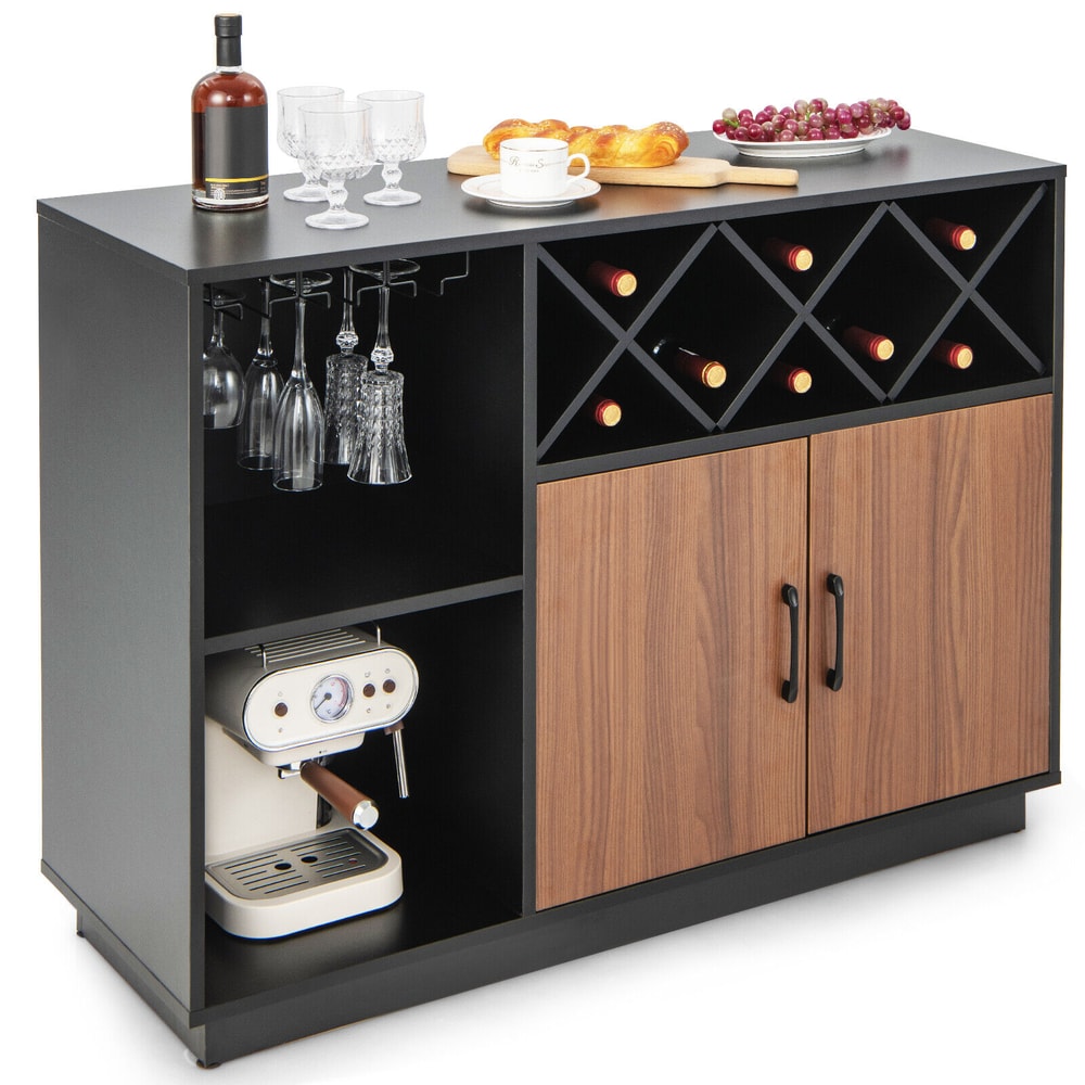 Industrial Sideboard Cabinet with Removable Wine Rack & Glass Holder – Rustic Storage Buffet for Dining Room