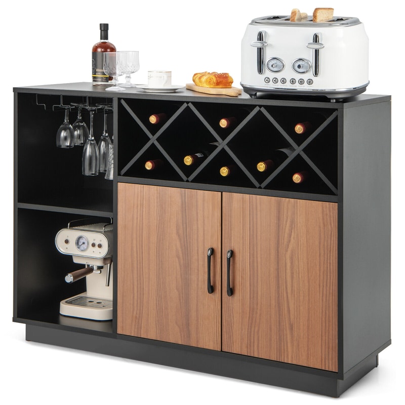 Industrial Sideboard Cabinet with Removable Wine Rack & Glass Holder – Rustic Storage Buffet for Dining Room