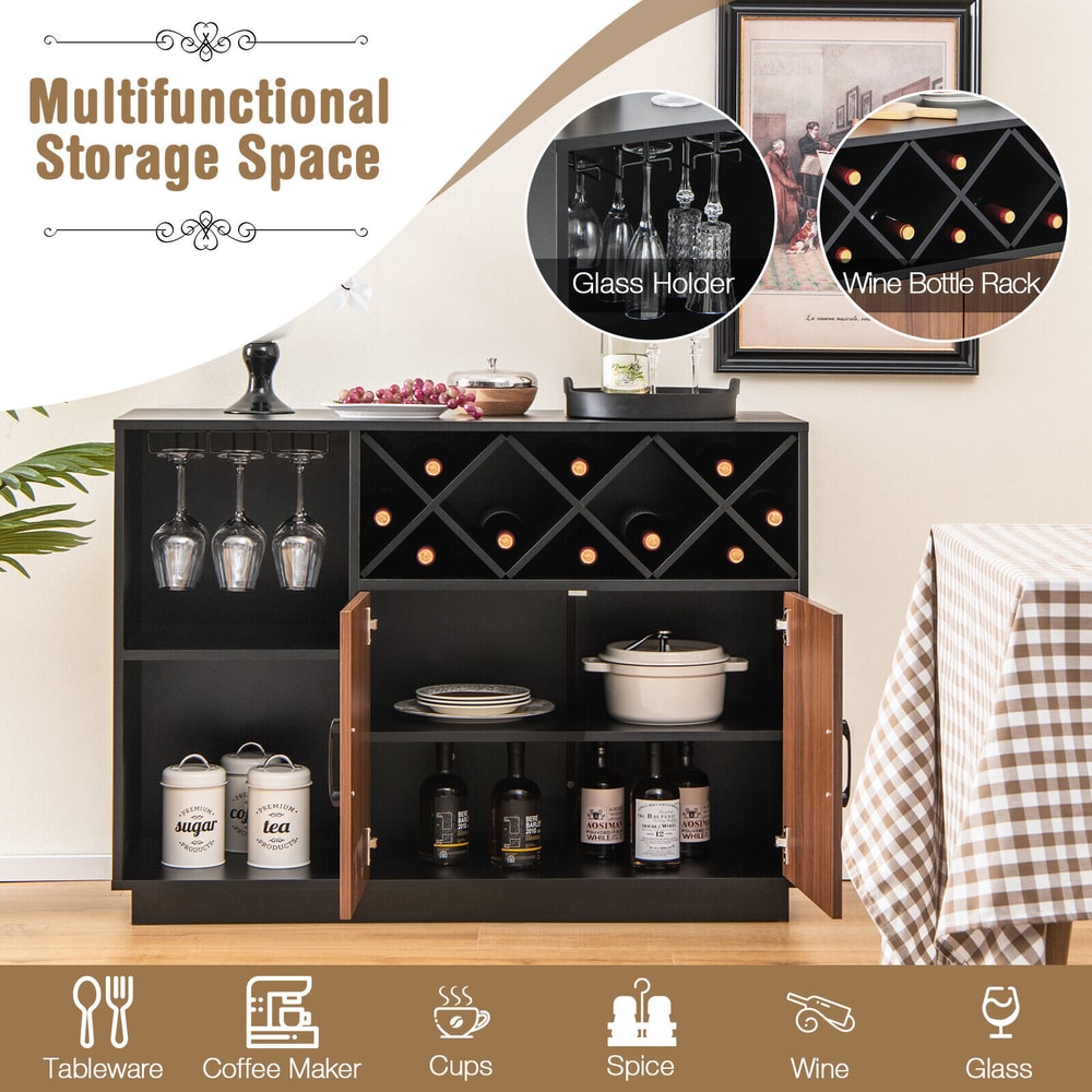 Industrial Sideboard Cabinet with Removable Wine Rack & Glass Holder – Rustic Storage Buffet for Dining Room