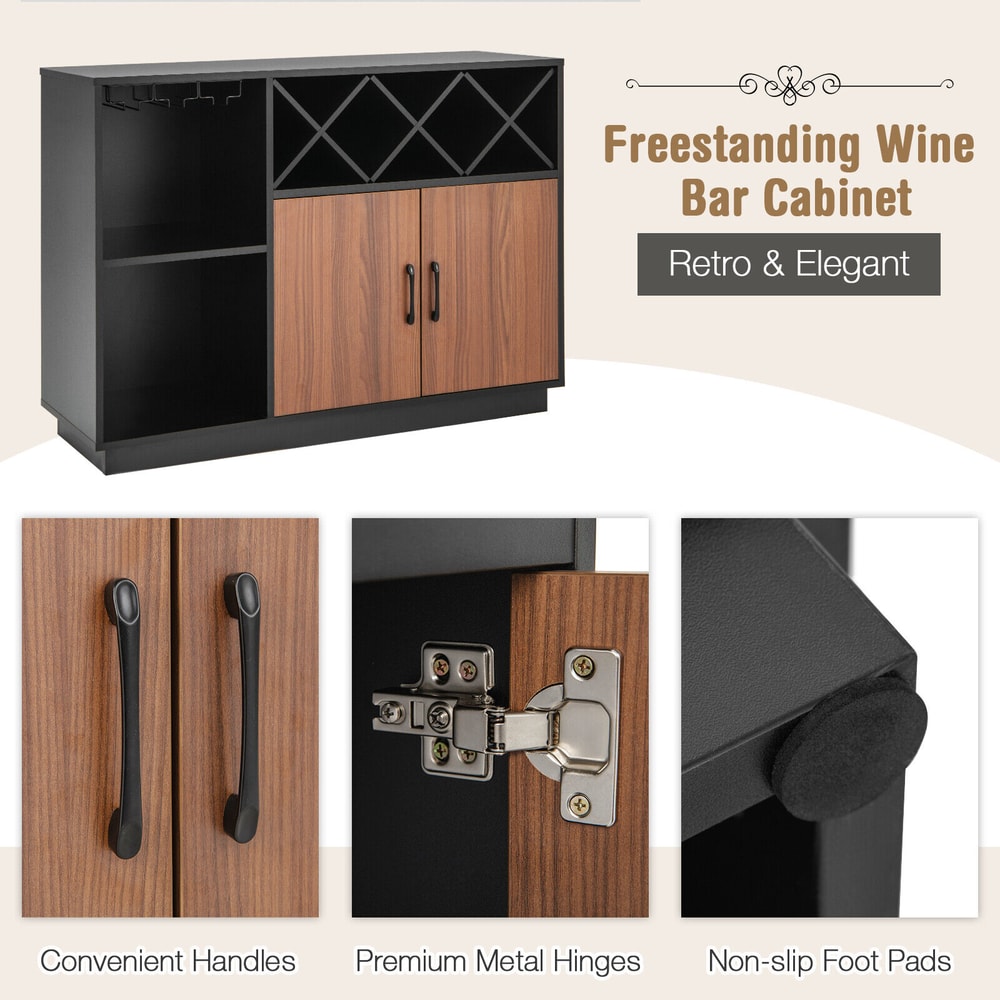 Industrial Sideboard Cabinet with Removable Wine Rack & Glass Holder – Rustic Storage Buffet for Dining Room