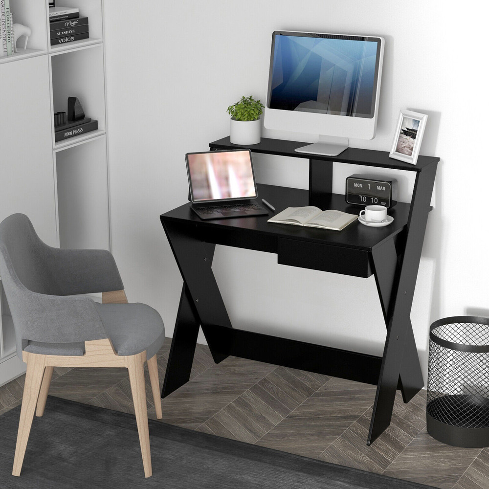 Small Computer Desk with Storage Drawer – Modern Study & Workstation with Spacious Tabletop & X-Shaped Legs