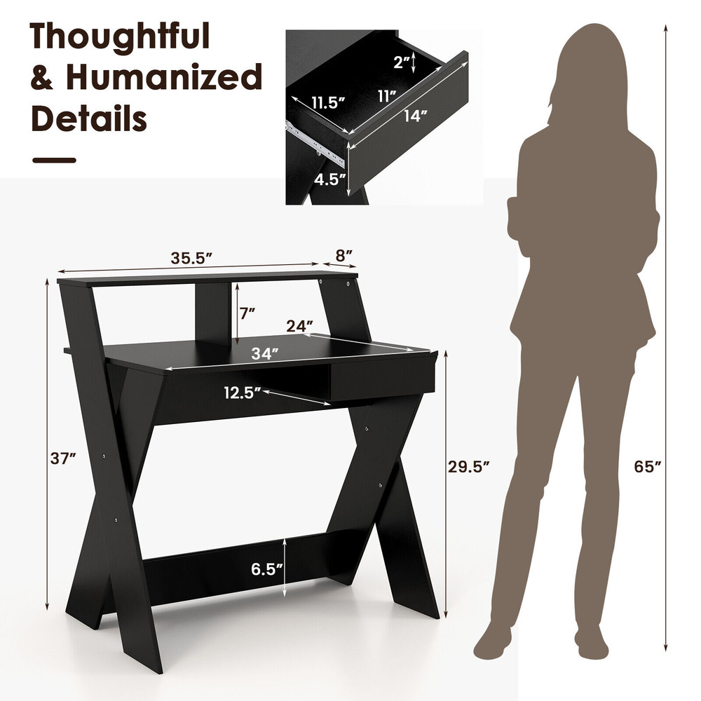 Small Computer Desk with Storage Drawer – Modern Study & Workstation with Spacious Tabletop & X-Shaped Legs