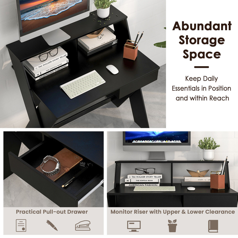 Small Computer Desk with Storage Drawer – Modern Study & Workstation with Spacious Tabletop & X-Shaped Legs