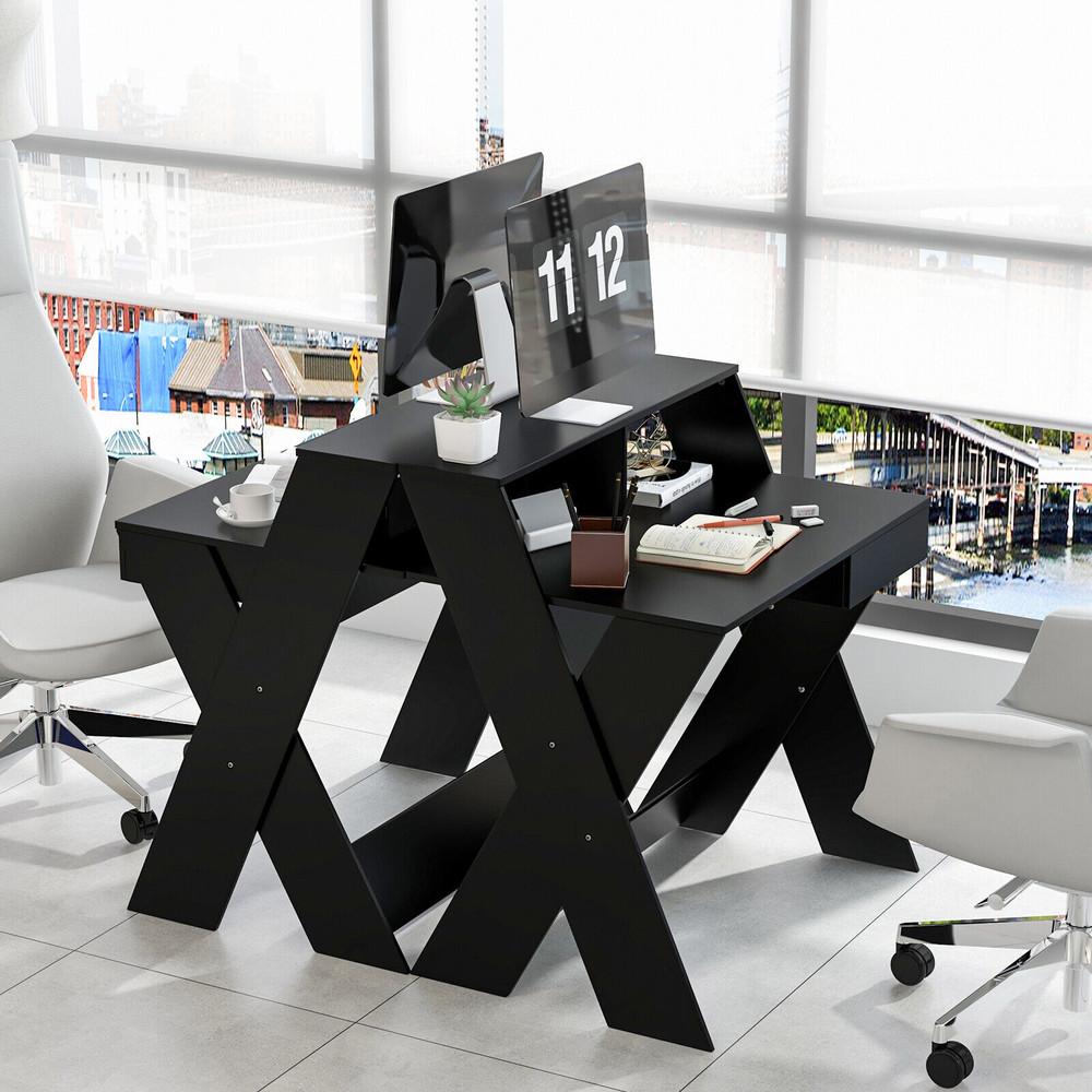 Small Computer Desk with Storage Drawer – Modern Study & Workstation with Spacious Tabletop & X-Shaped Legs