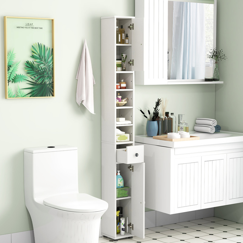 Space-Saving Freestanding Slim Bathroom Cabinet with Drawer, Adjustable Shelves & Wall-Mount Design