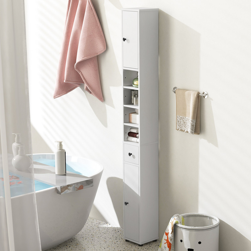 Space-Saving Freestanding Slim Bathroom Cabinet with Drawer, Adjustable Shelves & Wall-Mount Design