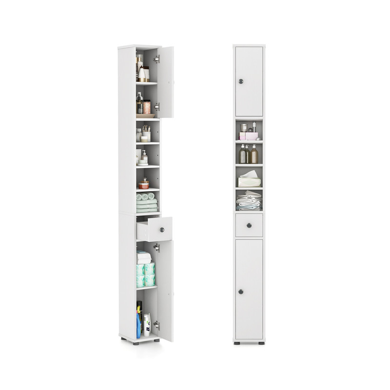 Space-Saving Freestanding Slim Bathroom Cabinet with Drawer, Adjustable Shelves & Wall-Mount Design