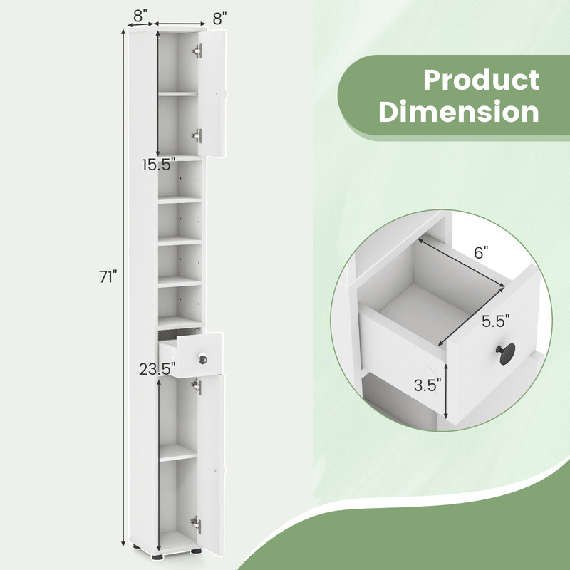 Space-Saving Freestanding Slim Bathroom Cabinet with Drawer, Adjustable Shelves & Wall-Mount Design