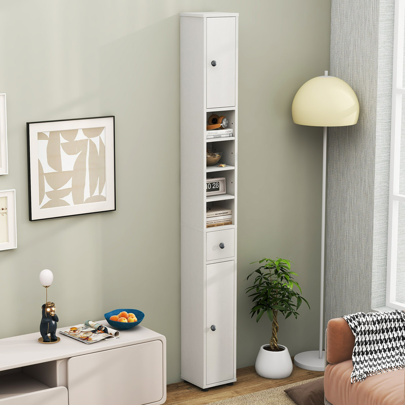 Space-Saving Freestanding Slim Bathroom Cabinet with Drawer, Adjustable Shelves & Wall-Mount Design
