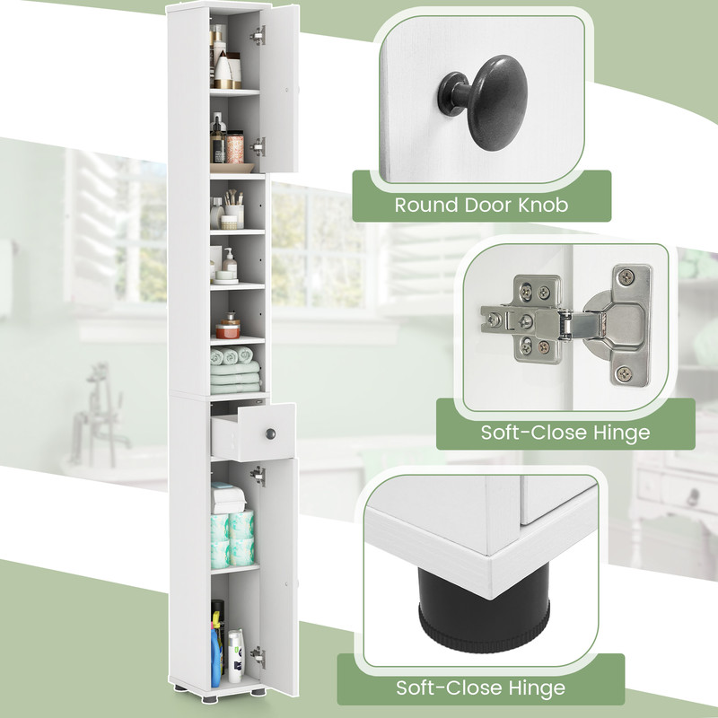 Space-Saving Freestanding Slim Bathroom Cabinet with Drawer, Adjustable Shelves & Wall-Mount Design