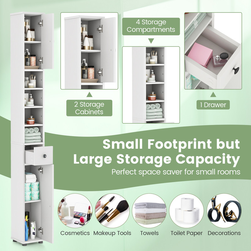 Space-Saving Freestanding Slim Bathroom Cabinet with Drawer, Adjustable Shelves & Wall-Mount Design