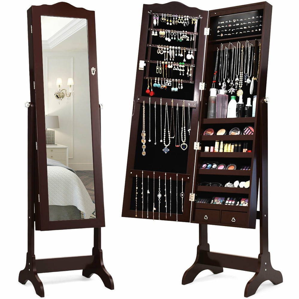 14 LED Jewelry Armoire Cabinet with Full-Length Mirror – 4 Tilting Angles, Lockable Drawers & Organized Storage