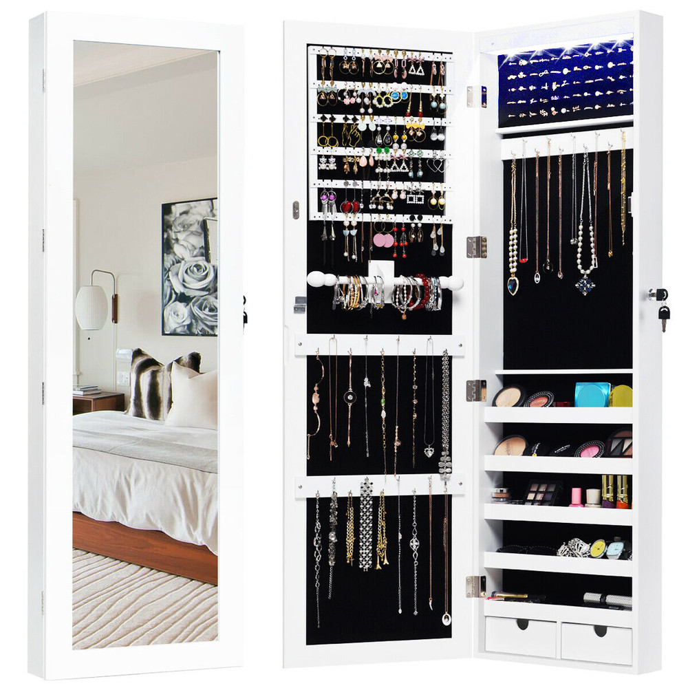 Door Mounted Lockable Mirrored Jewelry Cabinet with LED Lights – Space-Saving & Secure Storage