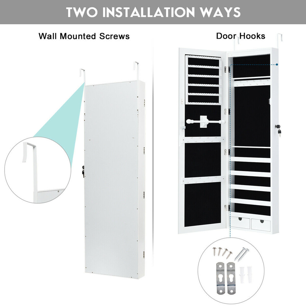 Door Mounted Lockable Mirrored Jewelry Cabinet with LED Lights – Space-Saving & Secure Storage