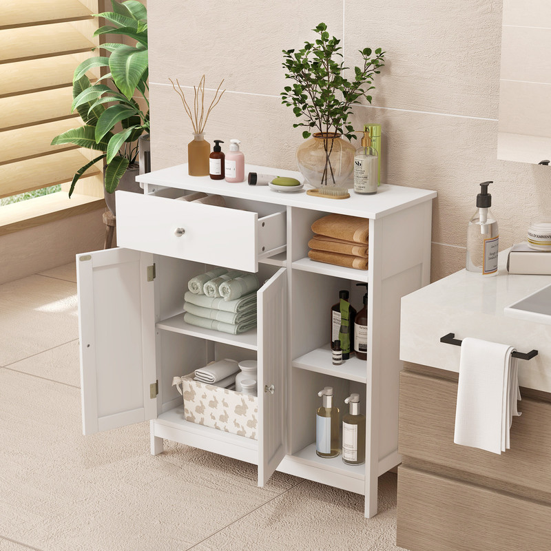 Bathroom Cabinet Floor Cabinet with Drawer & Open Compartments, Adjustable Shelf, Freestanding Storage Organizer